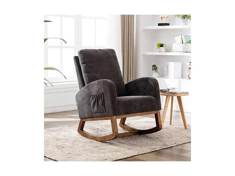 Cómoda mecedora de madera con acolchado suave y bolsillos laterales, color marrón