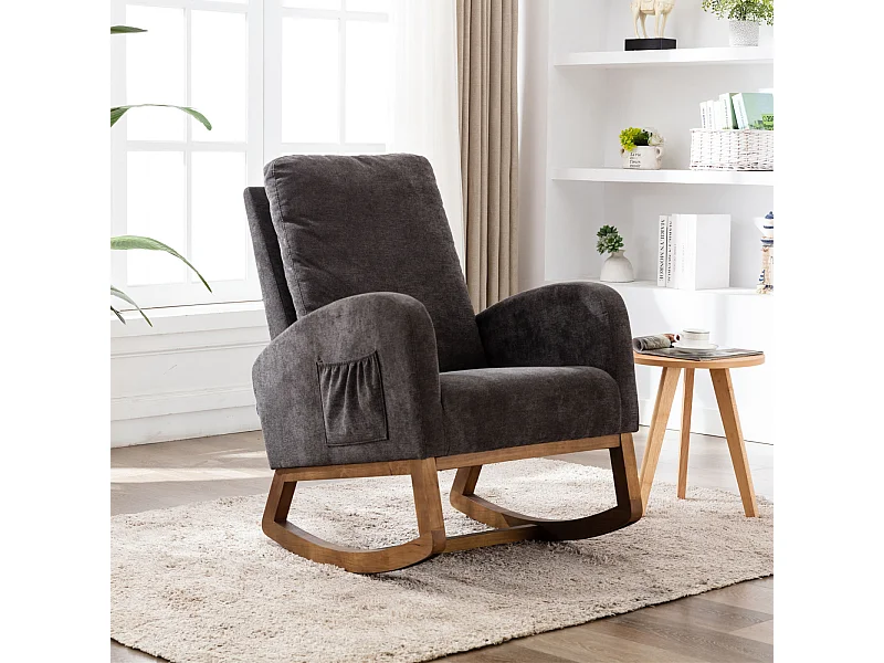 Fauteuil à bascule Confortable, Cadre de Bois,avec Rembourrage Moelleux et Poches Latérales, marron