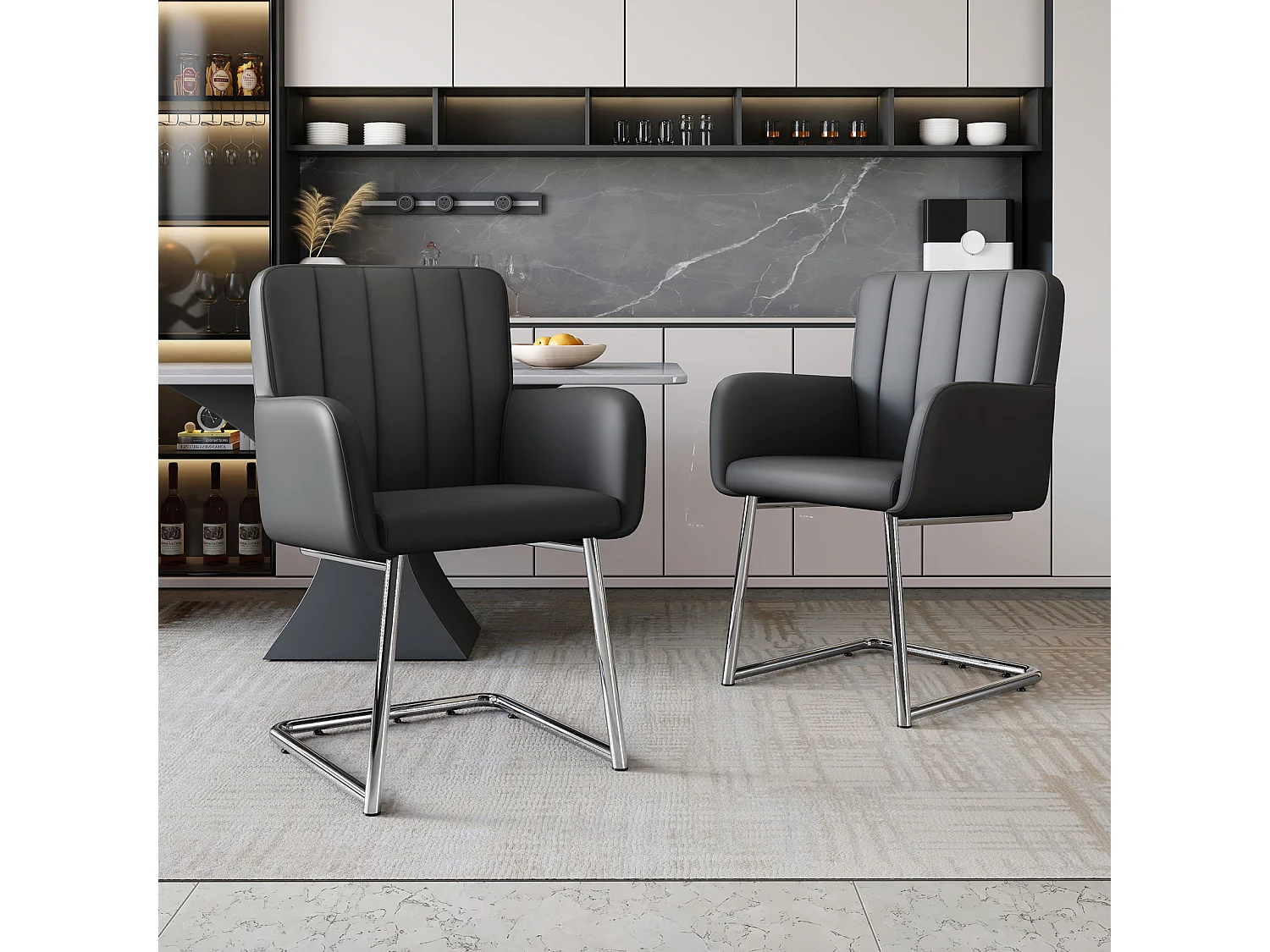 Set di 2 sedie da pranzo, con rivestimento in similpelle e gambe in metallo, grigio