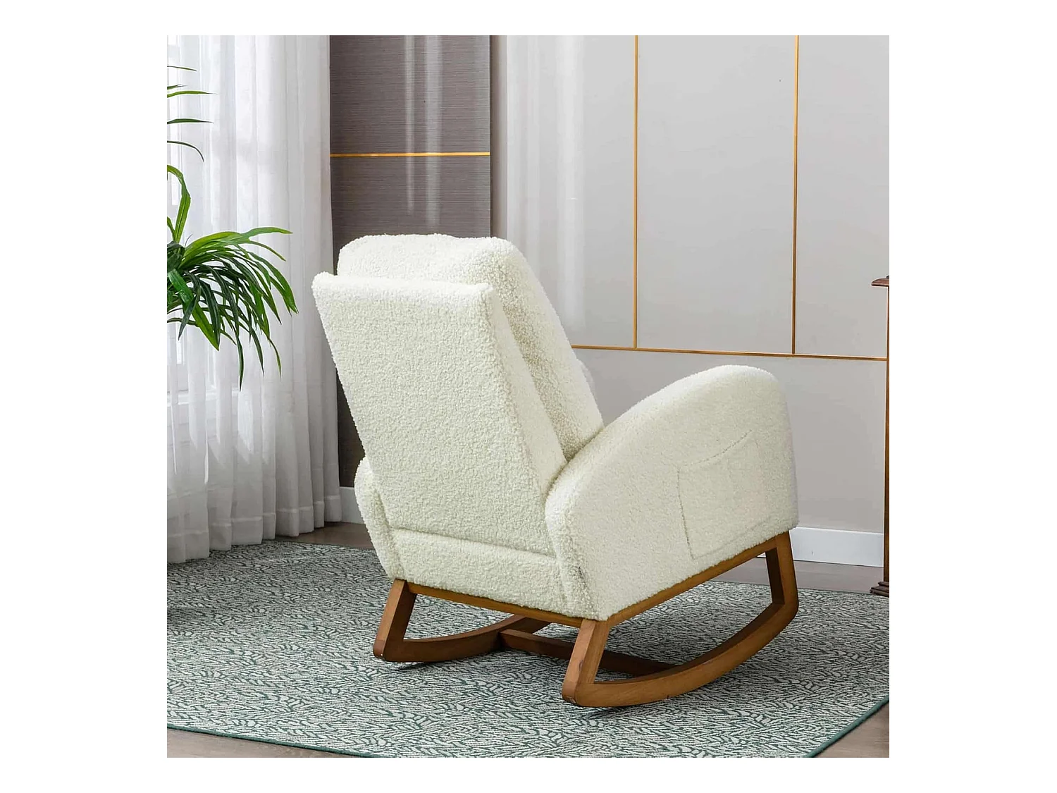 Fauteuil à bascule Confortable , Cadre de Bois,avec Rembourrage Moelleux et Poches Latérales, Blanc