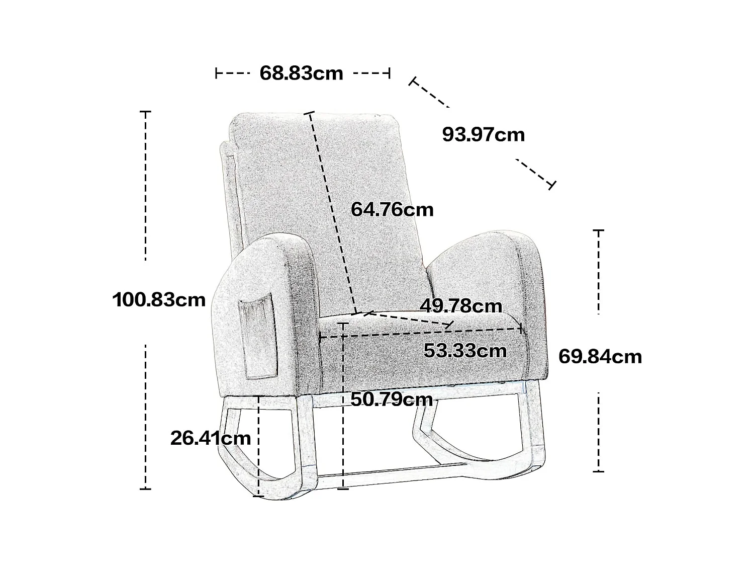 Fauteuil à bascule Confortable , Cadre de Bois,avec Rembourrage Moelleux et Poches Latérales, Blanc