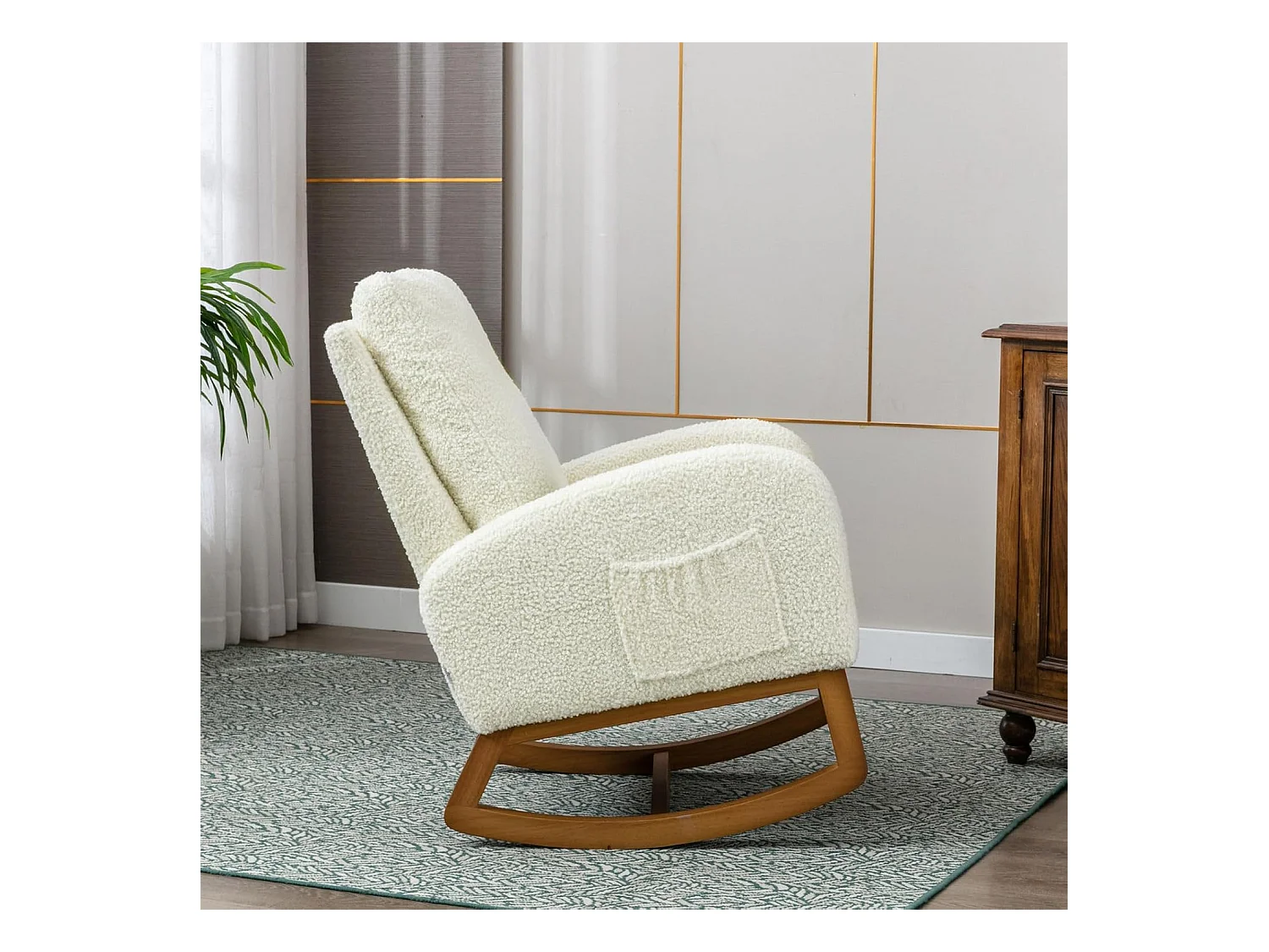 Fauteuil à bascule Confortable , Cadre de Bois,avec Rembourrage Moelleux et Poches Latérales, Blanc