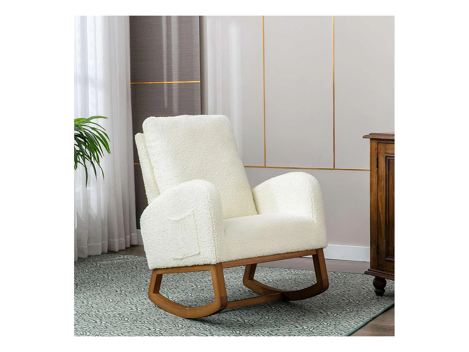 Cómoda mecedora de madera con acolchado suave y bolsillos laterales, color blanco.