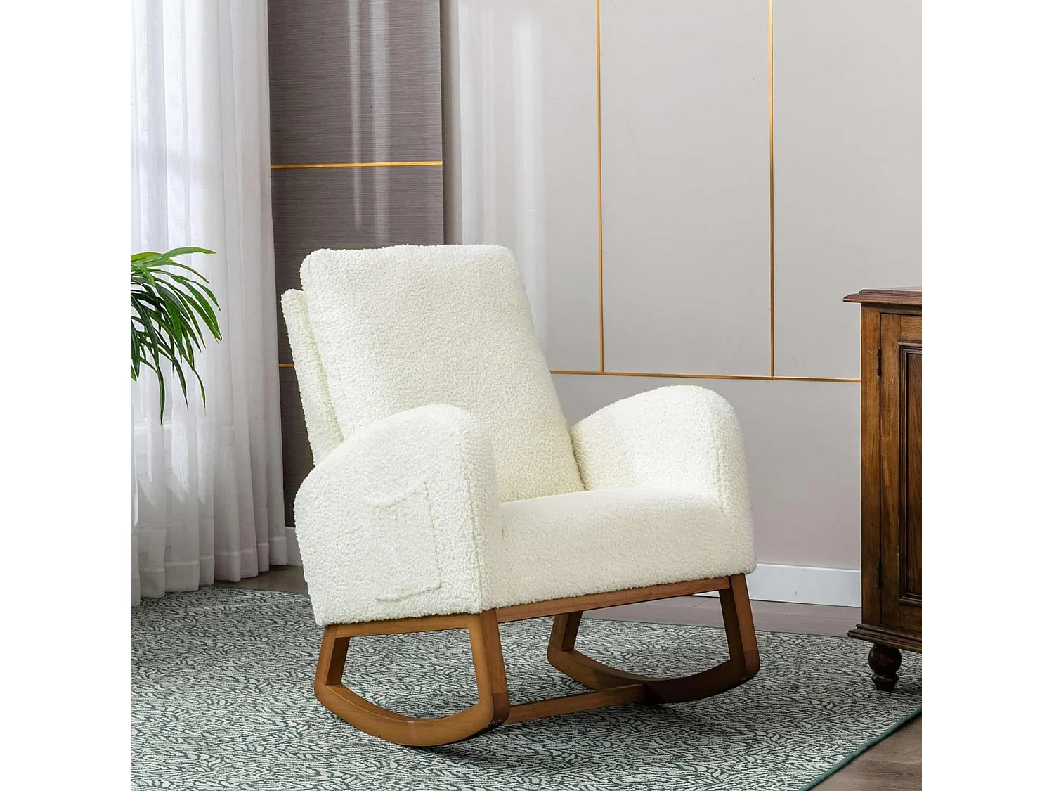 Fauteuil à bascule Confortable , Cadre de Bois,avec Rembourrage Moelleux et Poches Latérales, Blanc
