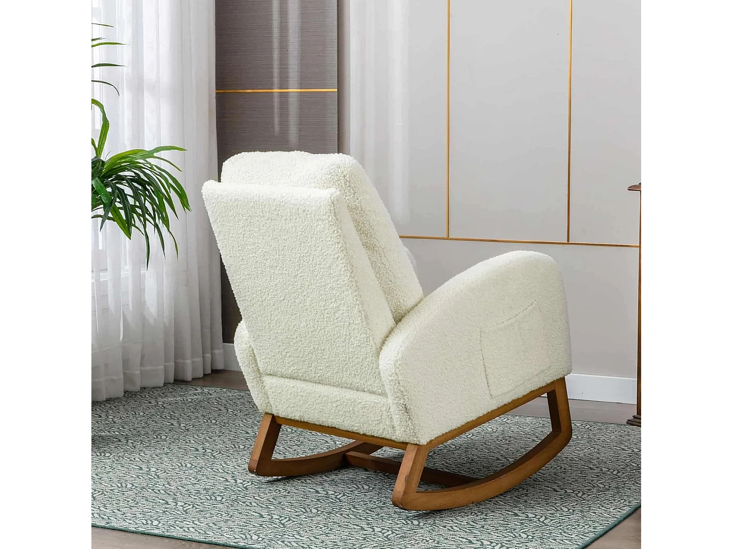 Fauteuil à bascule Confortable , Cadre de Bois,avec Rembourrage Moelleux et Poches Latérales, Blanc