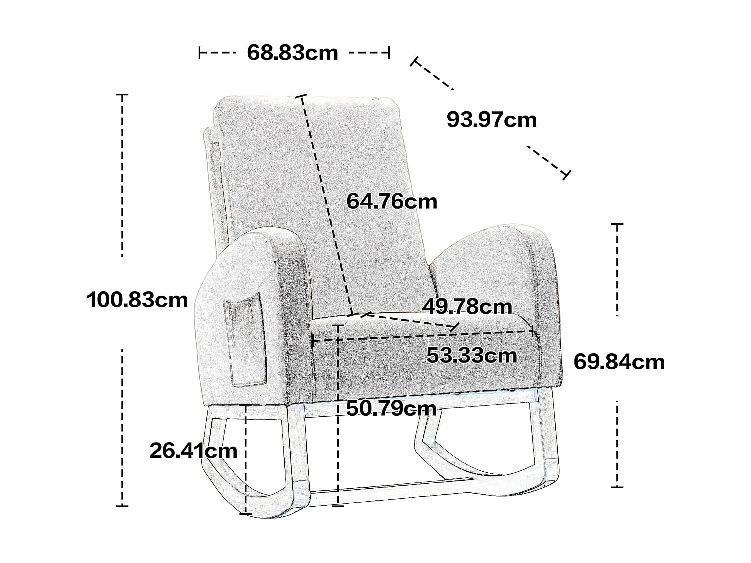 Fauteuil à bascule Confortable , Cadre de Bois,avec Rembourrage Moelleux et Poches Latérales, Blanc