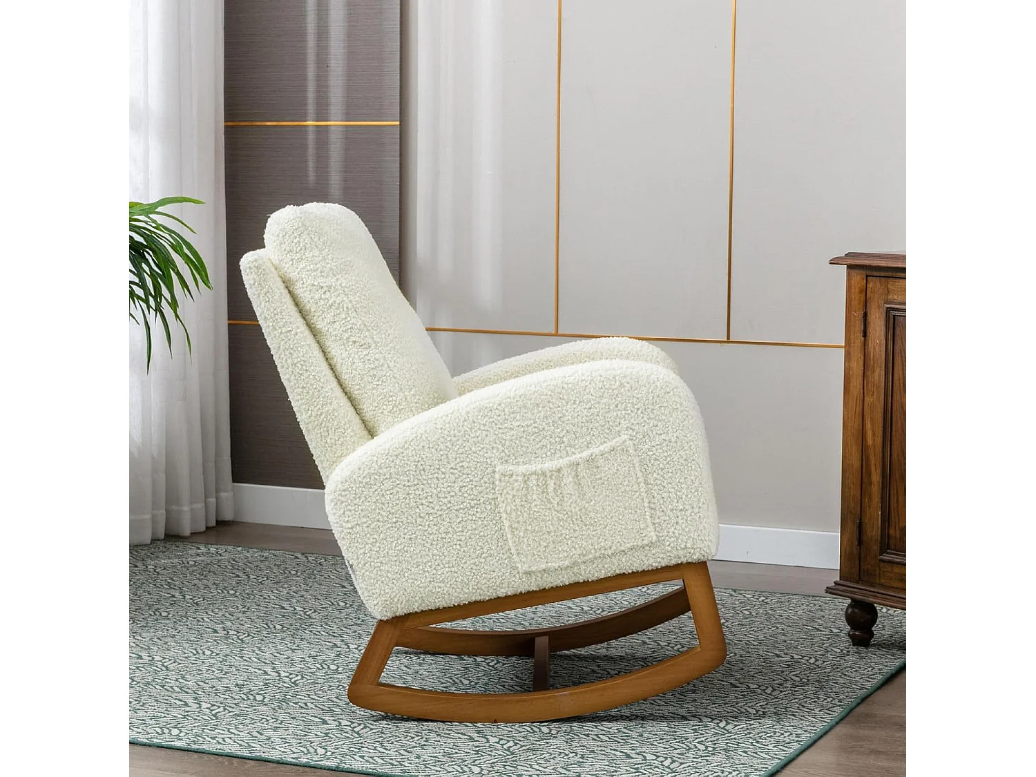 Fauteuil à bascule Confortable , Cadre de Bois,avec Rembourrage Moelleux et Poches Latérales, Blanc