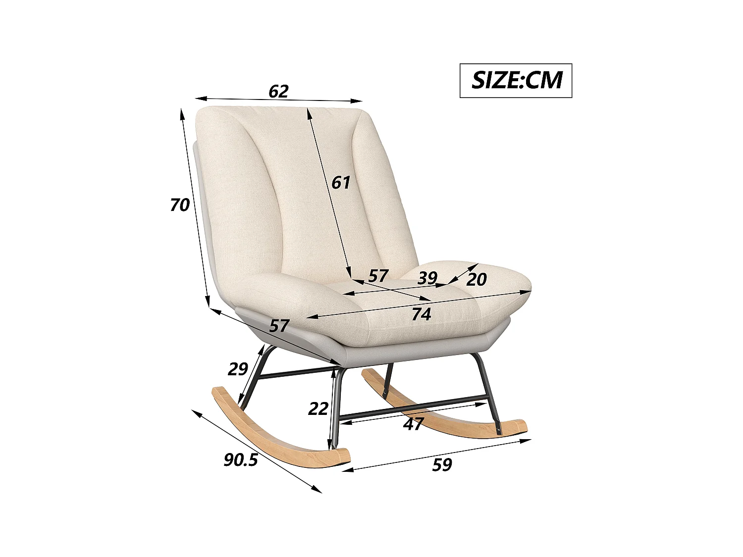 Fauteuil à Bascule Ergonomique, avec Coussin Beige et Structure Grise, en Tissu Lin et Simili Cuir