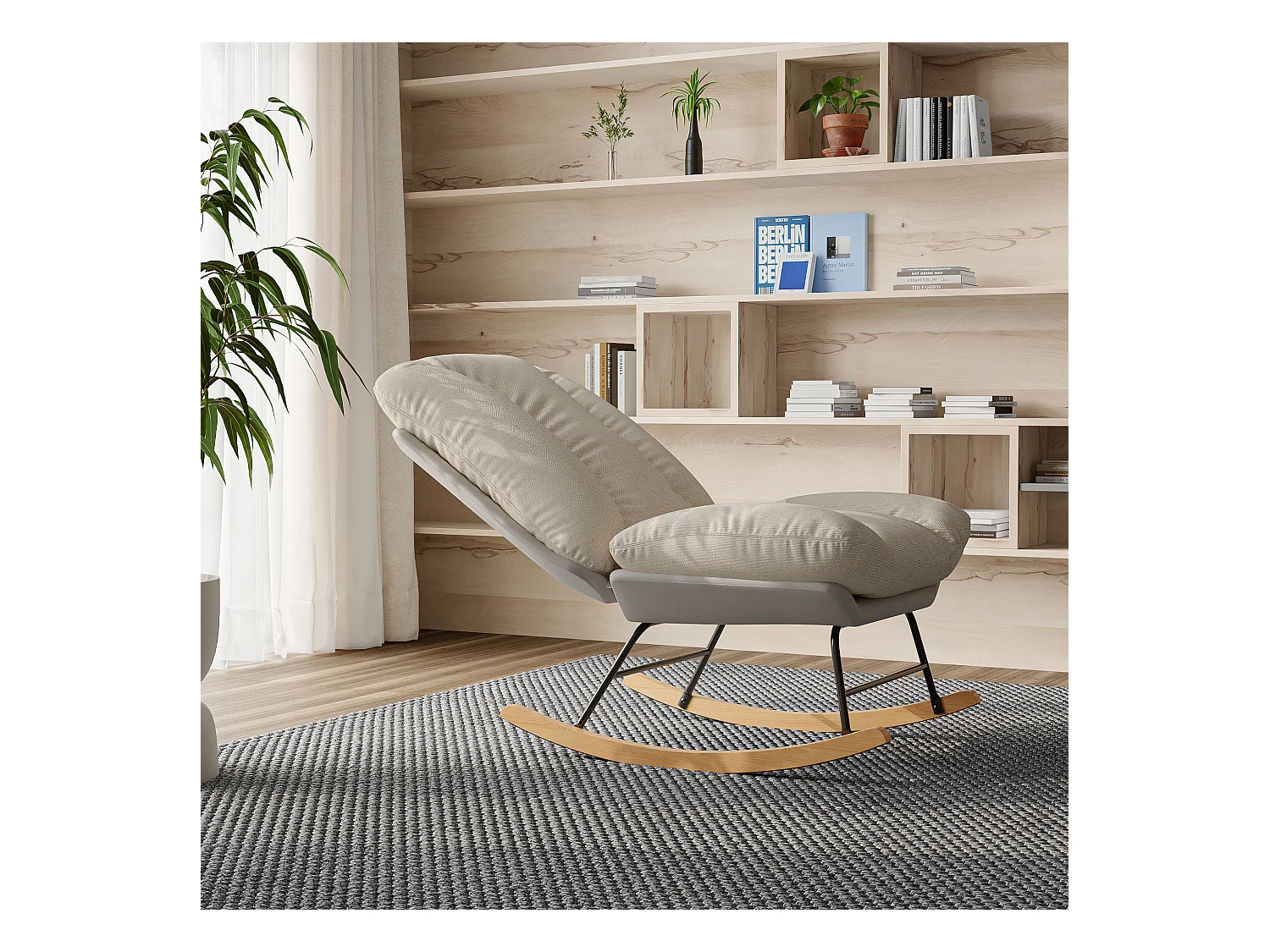 Fauteuil à Bascule Ergonomique, avec Coussin Beige et Structure Grise, en Tissu Lin et Simili Cuir