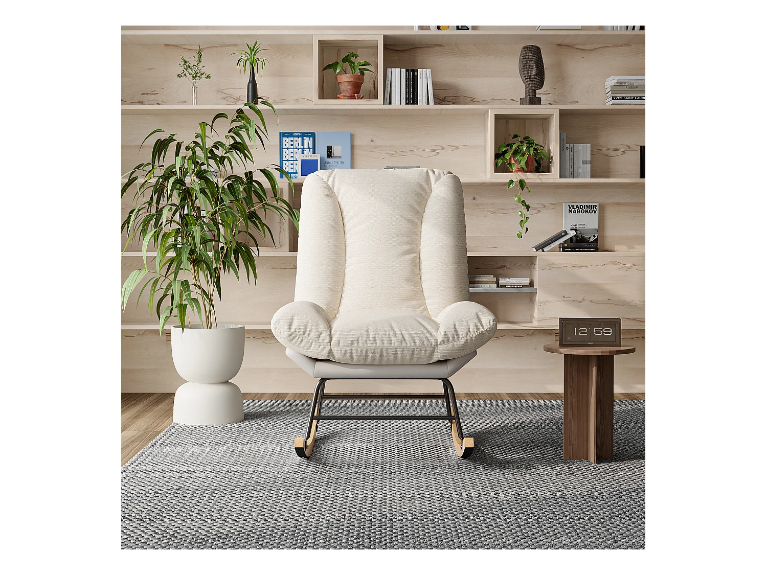 Fauteuil à Bascule Ergonomique, avec Coussin Beige et Structure Grise, en Tissu Lin et Simili Cuir