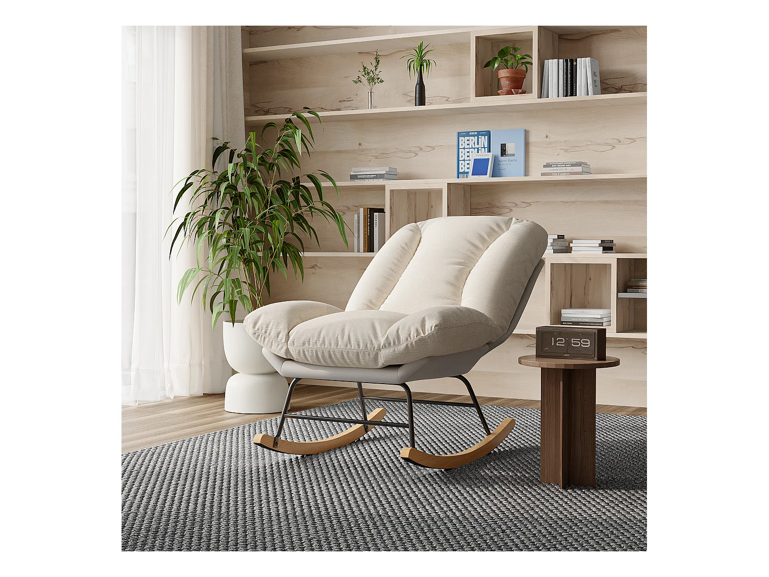 Fauteuil à Bascule Ergonomique, avec Coussin Beige et Structure Grise, en Tissu Lin et Simili Cuir