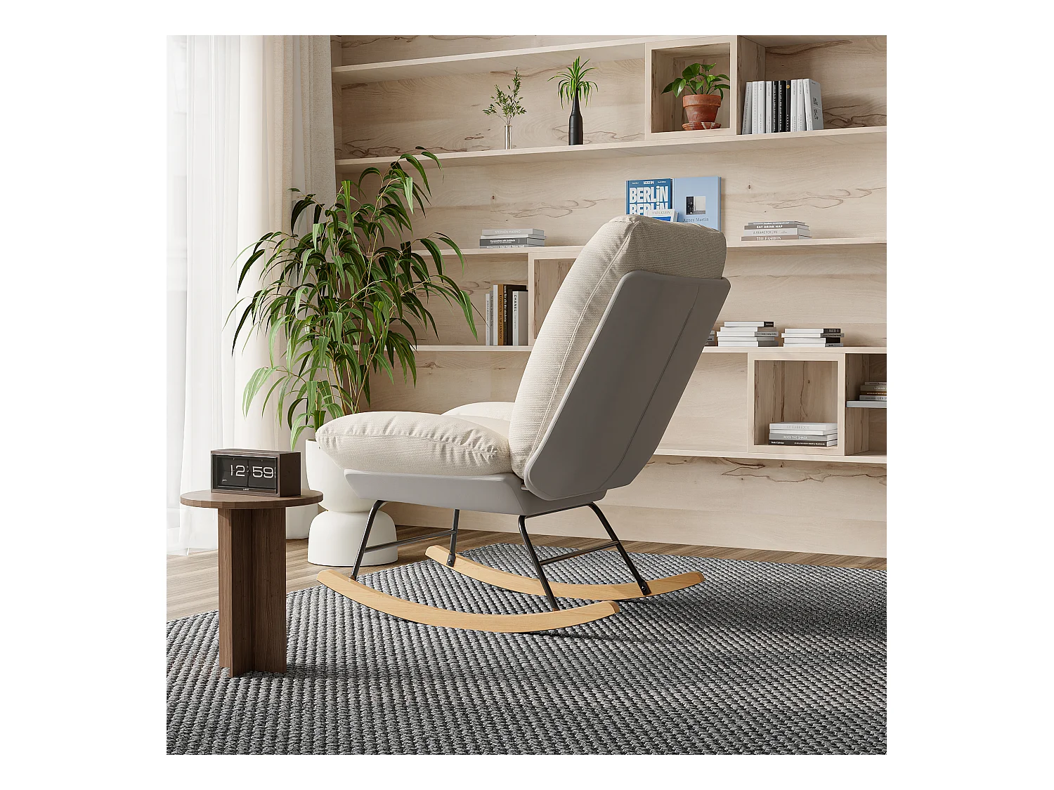 Fauteuil à Bascule Ergonomique, avec Coussin Beige et Structure Grise, en Tissu Lin et Simili Cuir
