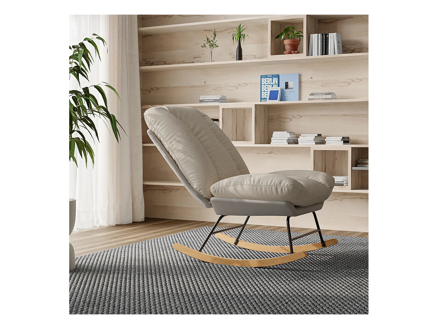 Fauteuil à Bascule Ergonomique, avec Coussin Beige et Structure Grise, en Tissu Lin et Simili Cuir