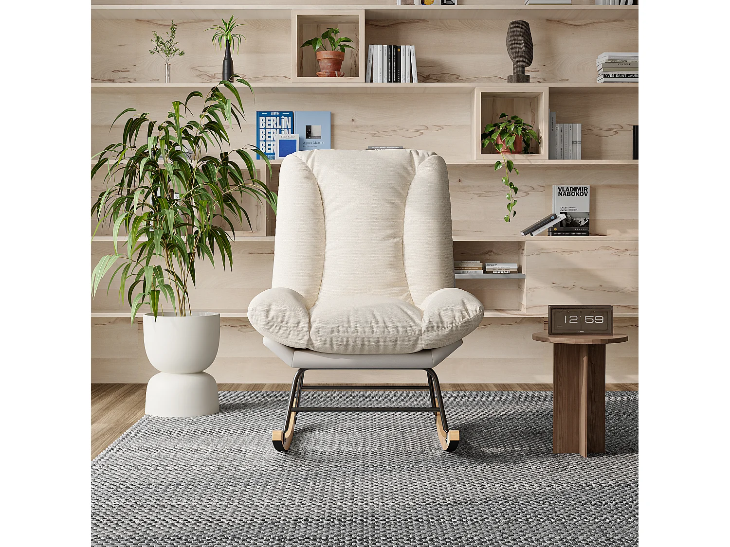 Fauteuil à Bascule Ergonomique, avec Coussin Beige et Structure Grise, en Tissu Lin et Simili Cuir