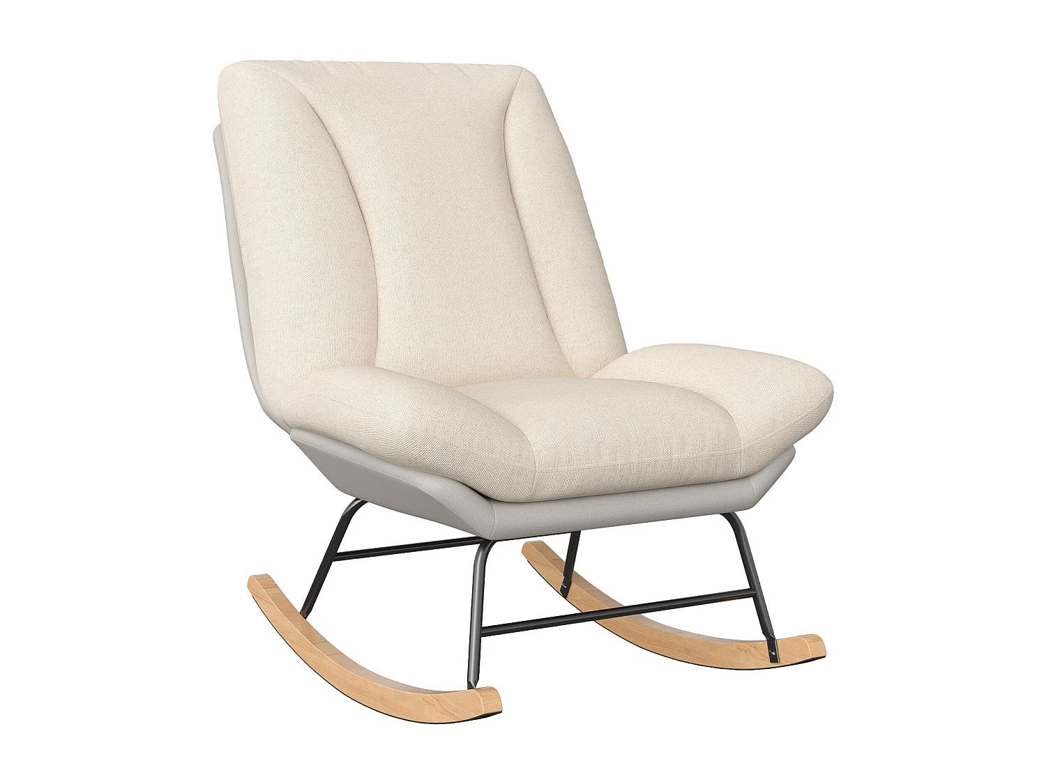 Mecedora ergonómica con cojín beige y estructura gris, tapizada en tela de lino y piel sintética.