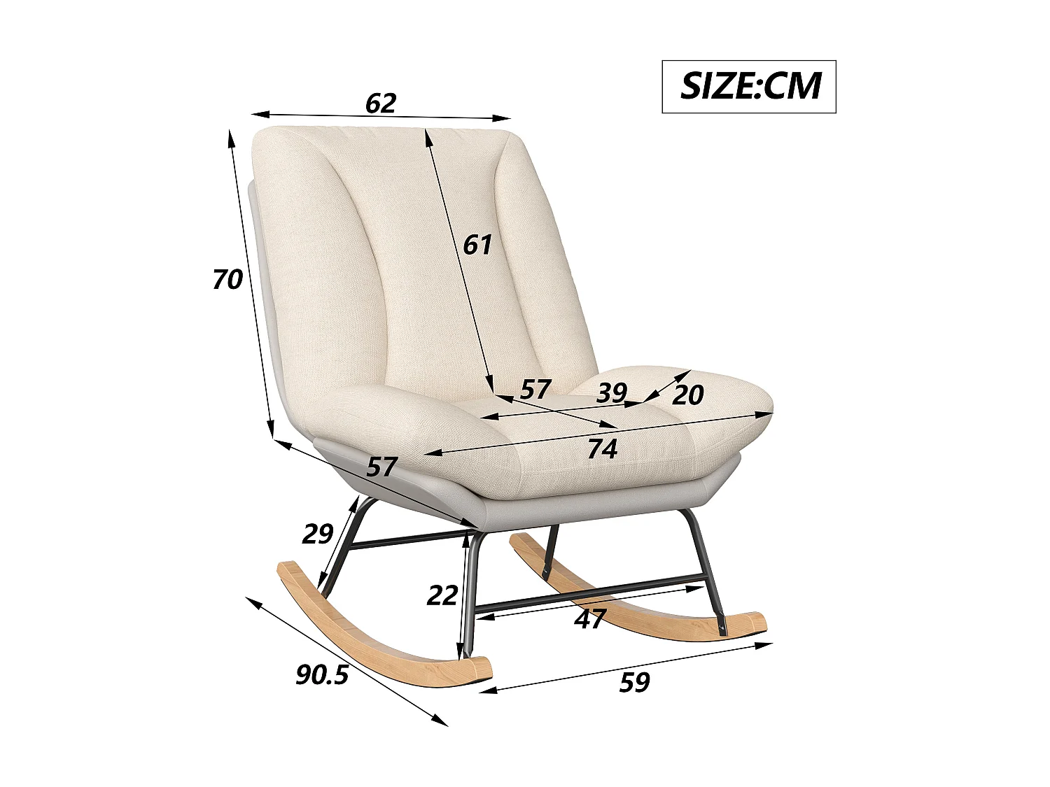 Mecedora ergonómica con cojín beige y estructura gris, tapizada en tela de lino y piel sintética.