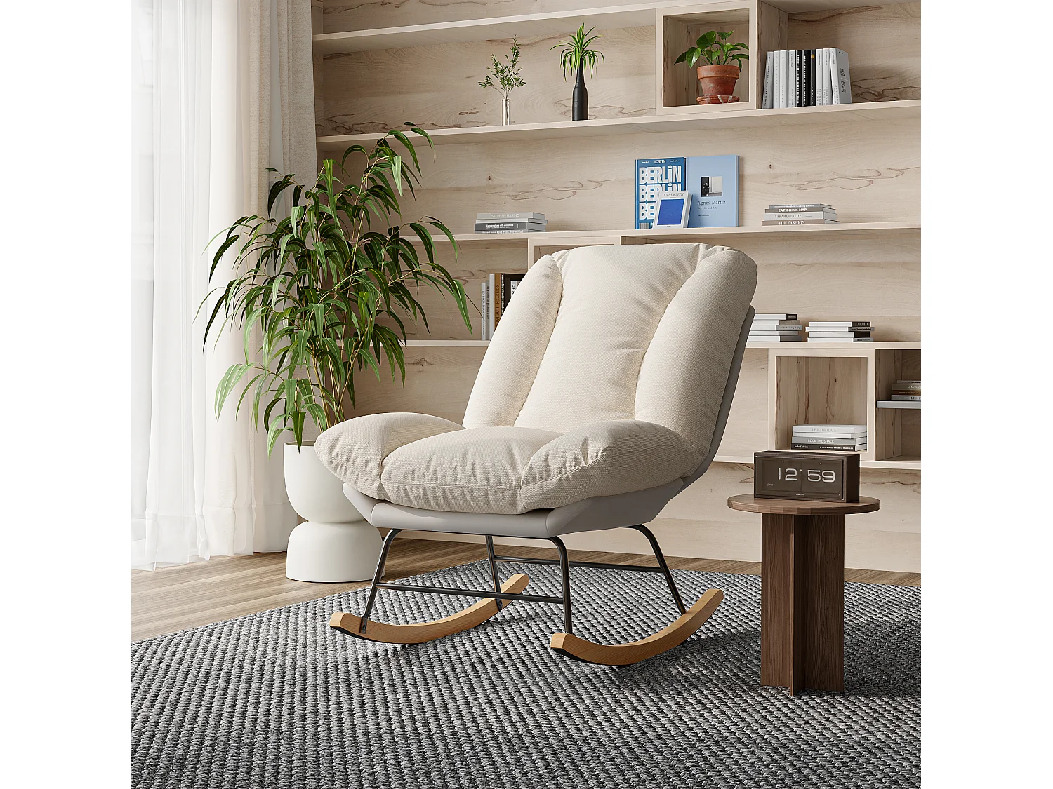 Mecedora ergonómica con cojín beige y estructura gris, tapizada en tela de lino y piel sintética.