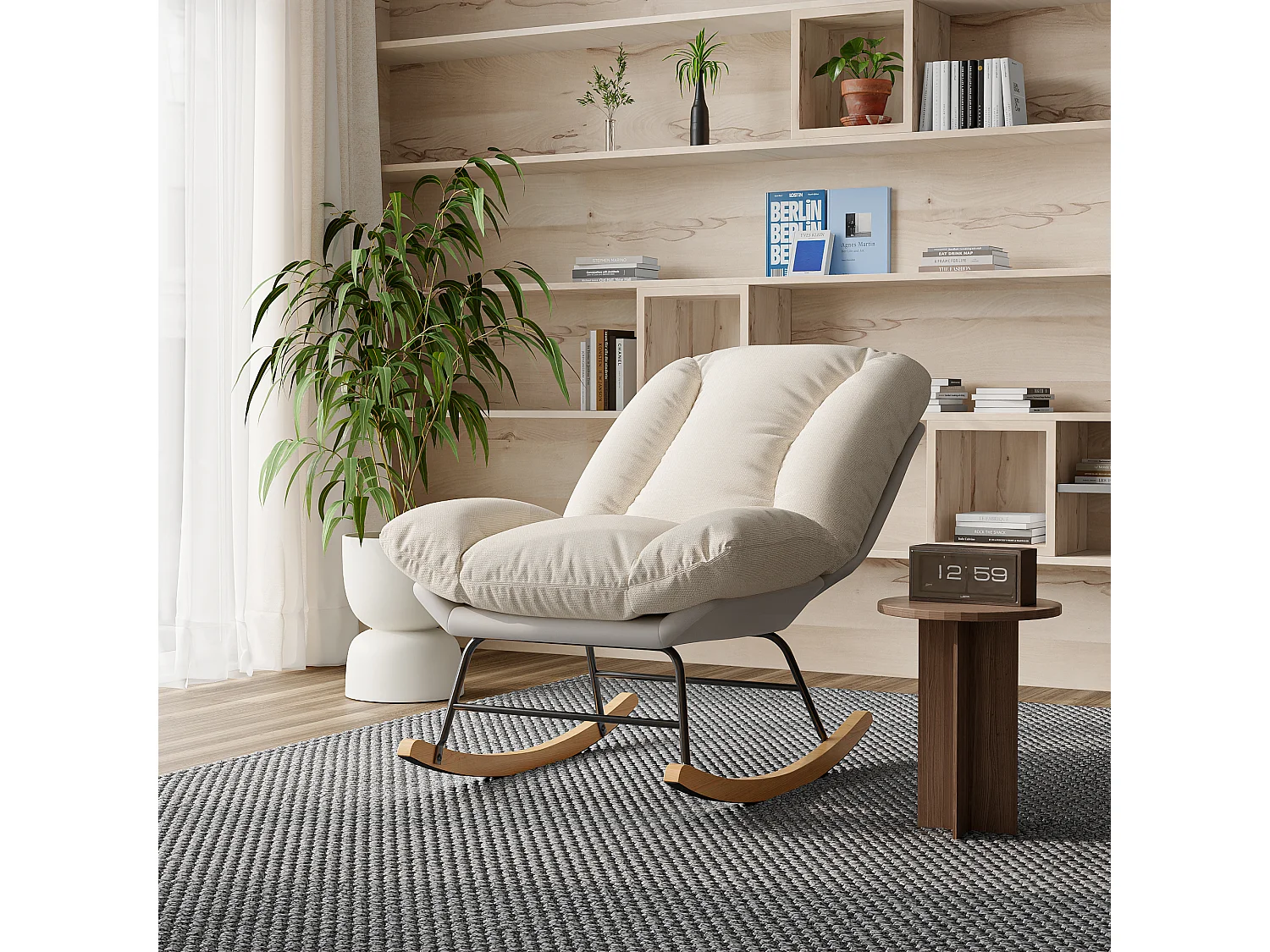 Mecedora ergonómica con cojín beige y estructura gris, tapizada en tela de lino y piel sintética.