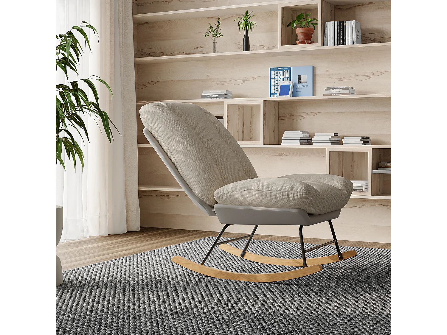 Mecedora ergonómica con cojín beige y estructura gris, tapizada en tela de lino y piel sintética.