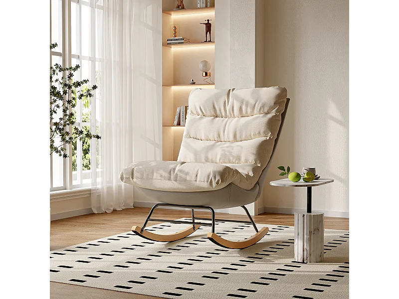 Cadeira de balanço ergonômica com almofada bege e estrutura cinza, design moderno em tecido/couro sintético