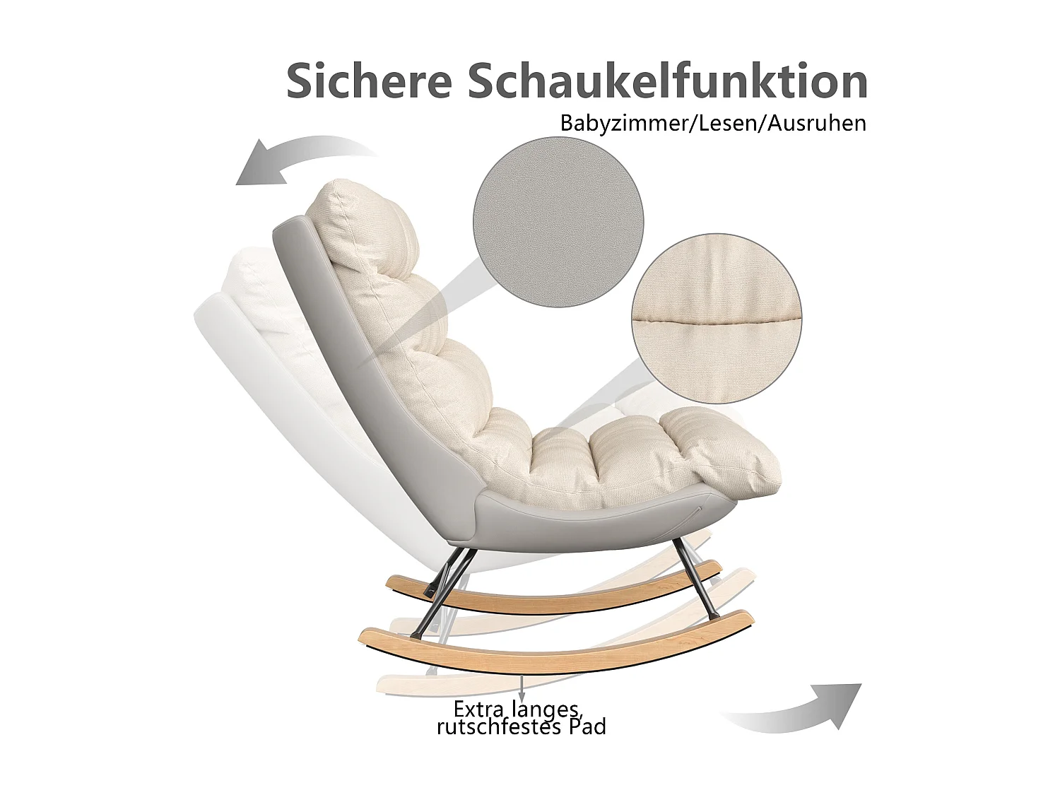 Rocking Ergonomique avec Coussin Beige et Structure Grise, Design Moderne en Tissu / Simili Cuir