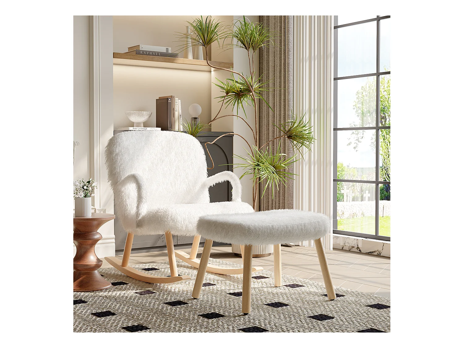 Chaise à bascule en cachemire avec ottoman , chaise à bascule rembourrée avec poche , blanc