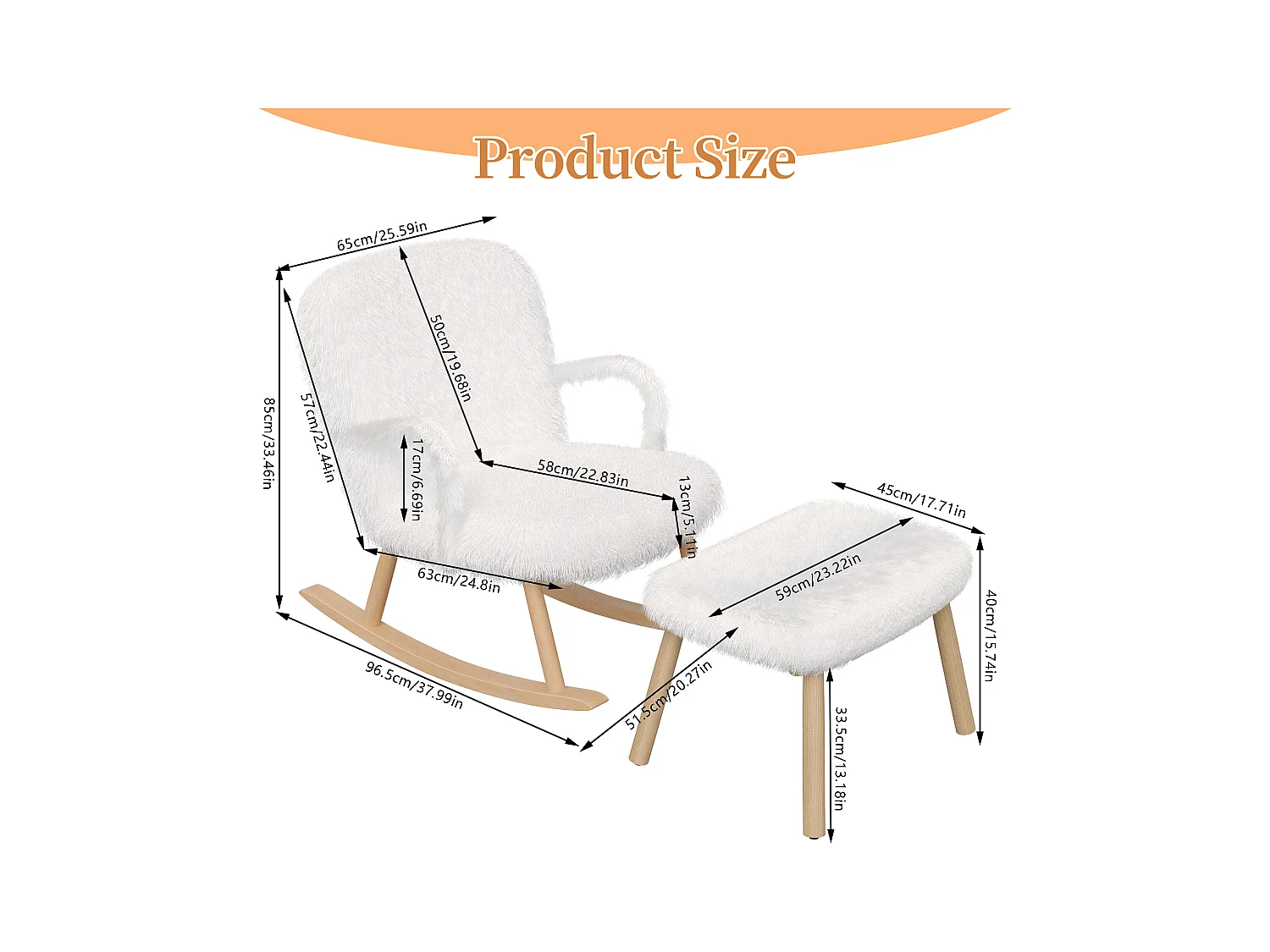 Chaise à bascule en cachemire avec ottoman , chaise à bascule rembourrée avec poche , blanc