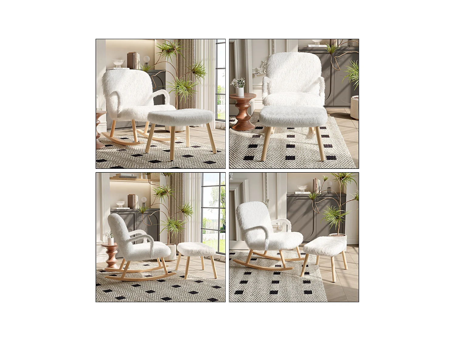 Chaise à bascule en cachemire avec ottoman , chaise à bascule rembourrée avec poche , blanc