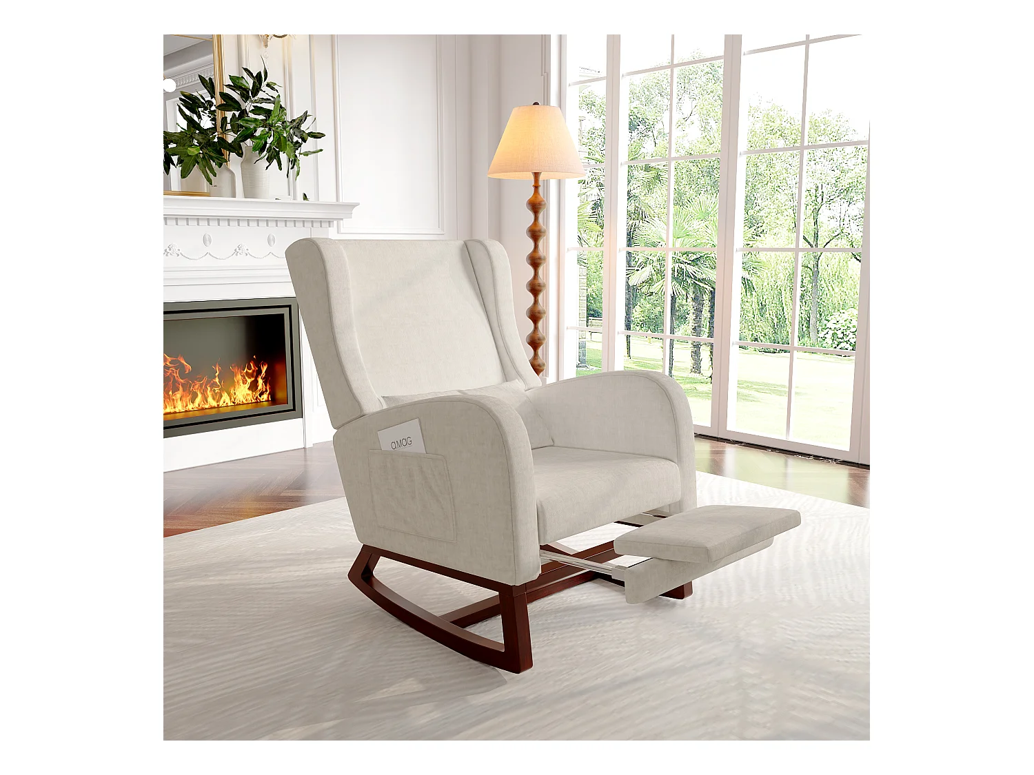 Mecedora con reposapiés, patas de madera maciza antideslizantes, mecedora, beige