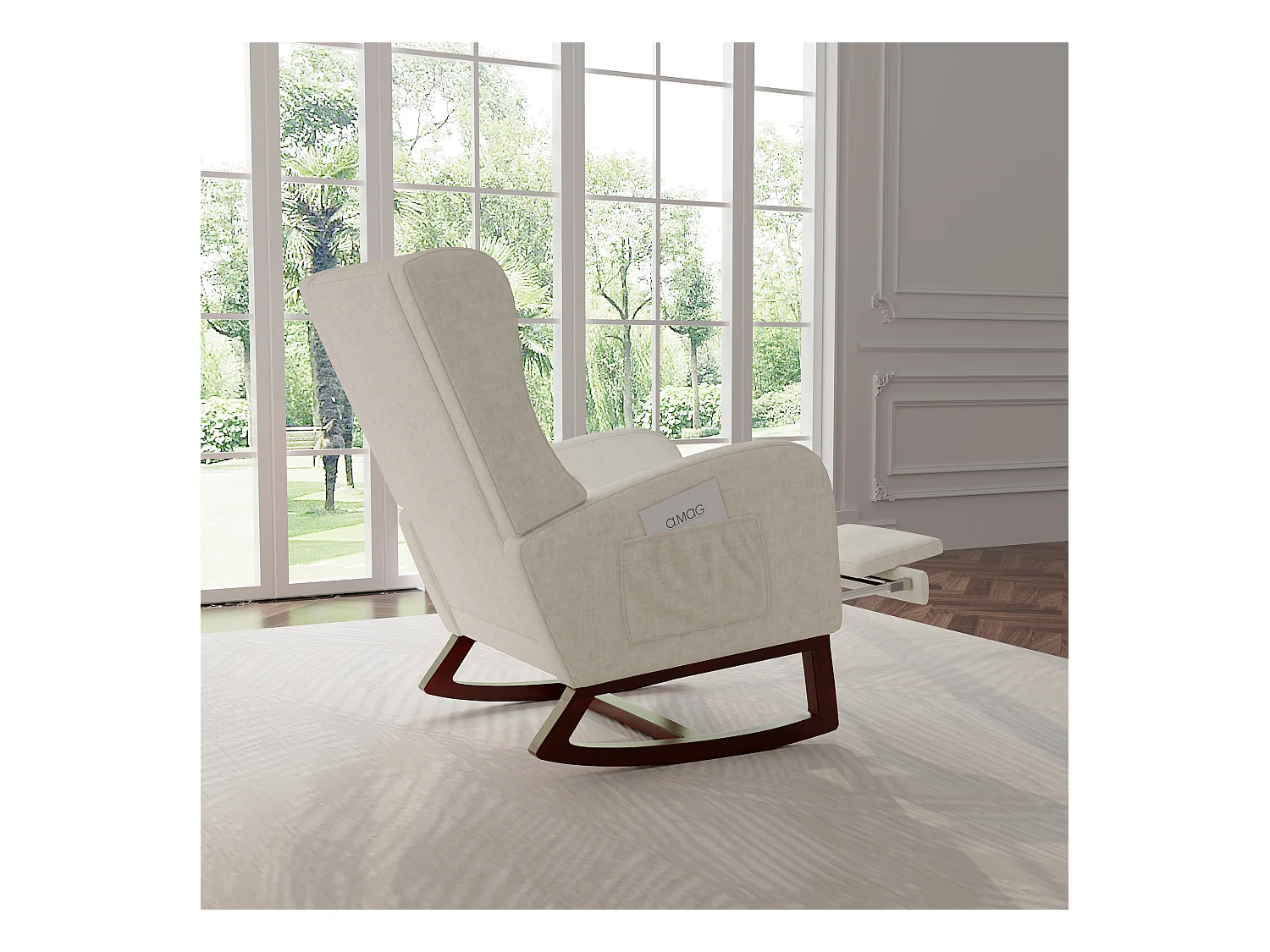 Mecedora con reposapiés, patas de madera maciza antideslizantes, mecedora, beige