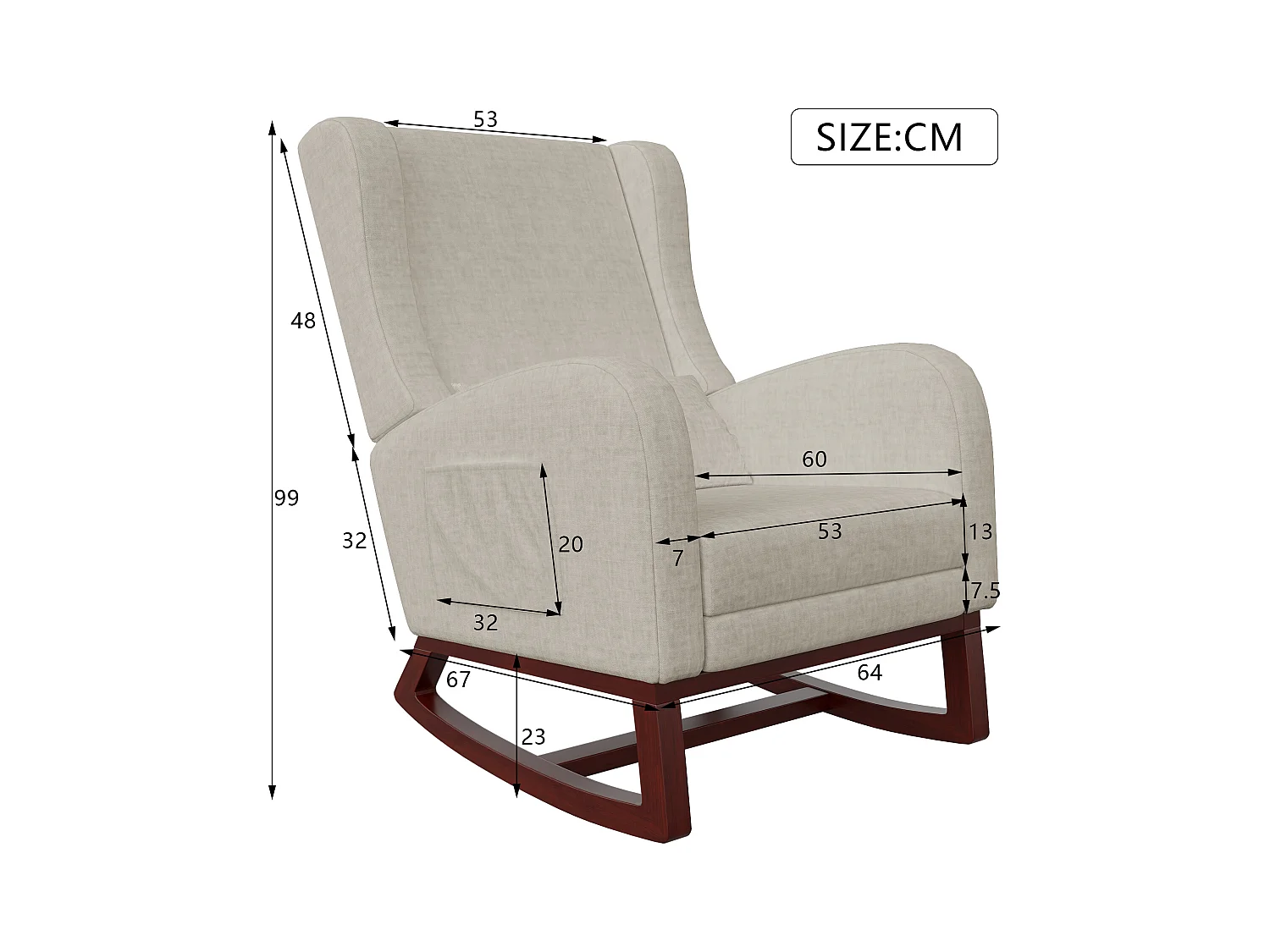 Mecedora con reposapiés, patas de madera maciza antideslizantes, mecedora, beige