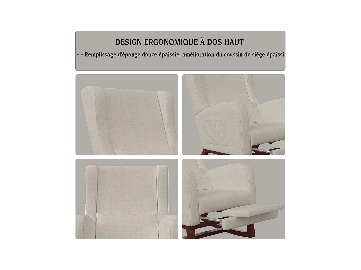 Mecedora con reposapiés, patas de madera maciza antideslizantes, mecedora, beige
