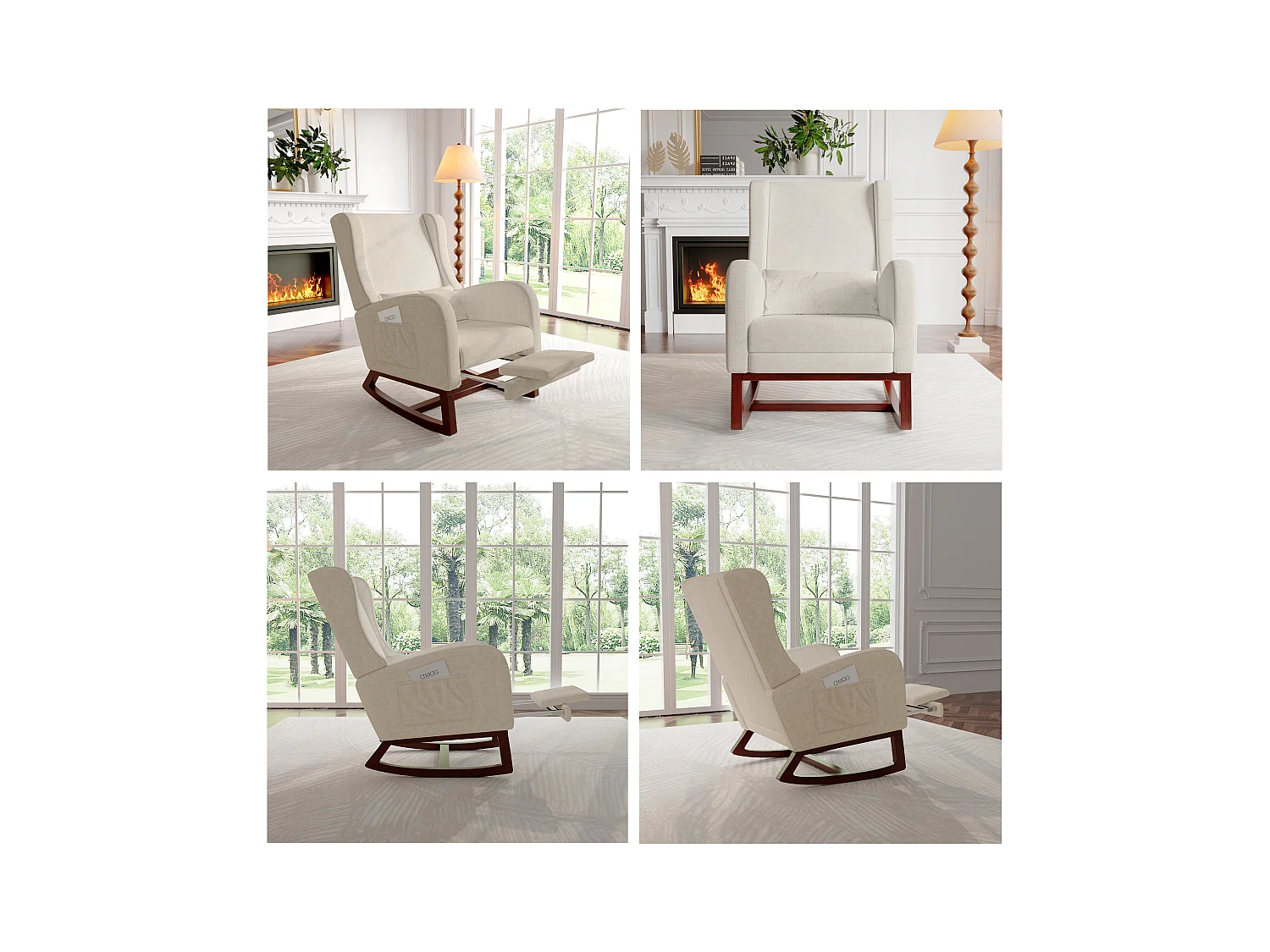 Mecedora con reposapiés, patas de madera maciza antideslizantes, mecedora, beige