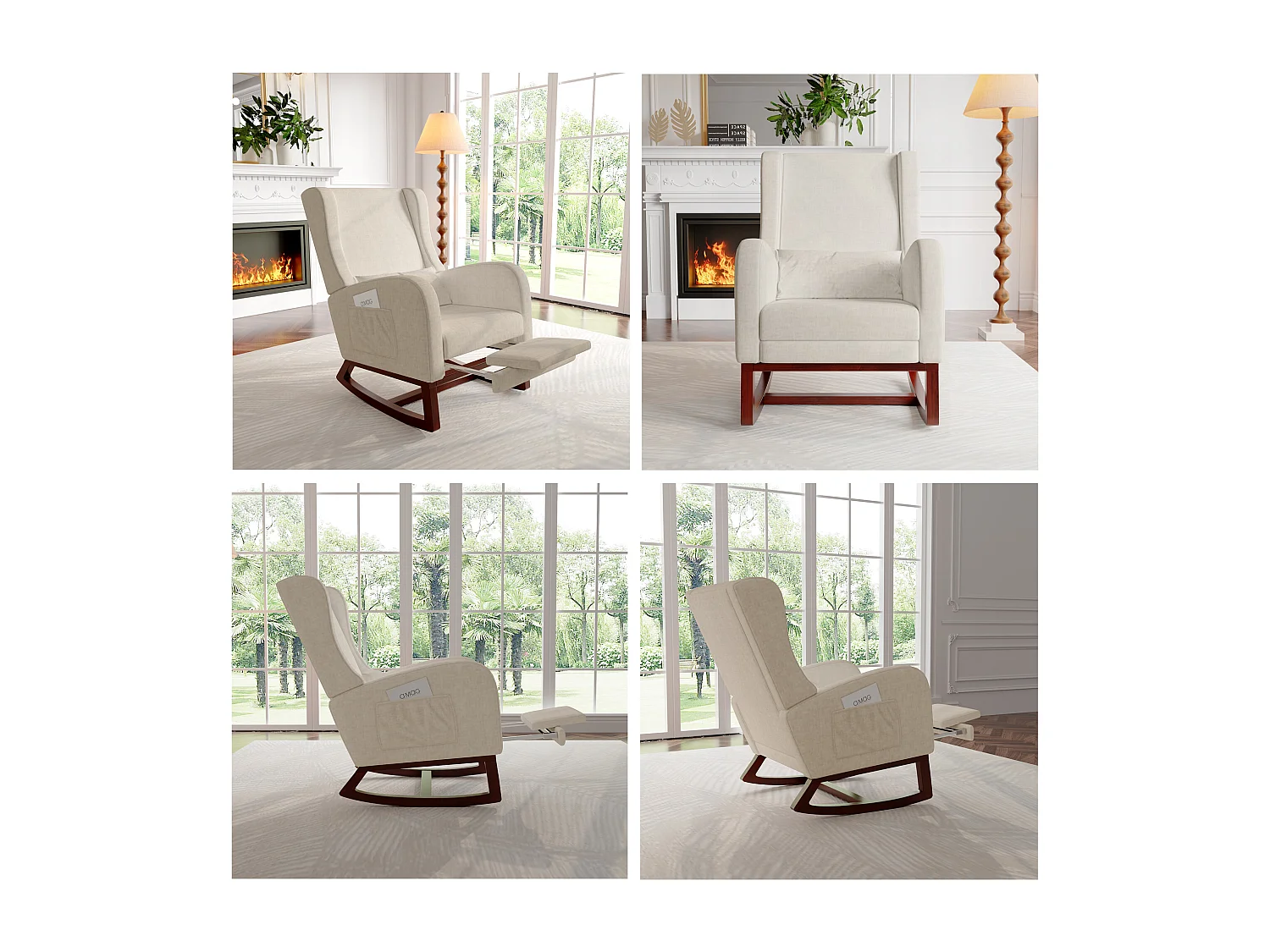 Mecedora con reposapiés, patas de madera maciza antideslizantes, mecedora, beige