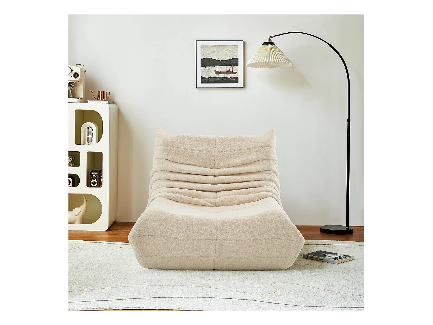 Poltrona tipo pufe de lã de cordeiro para adultos, design de estofamento, sofá preguiçoso para canto aconchegante, bege