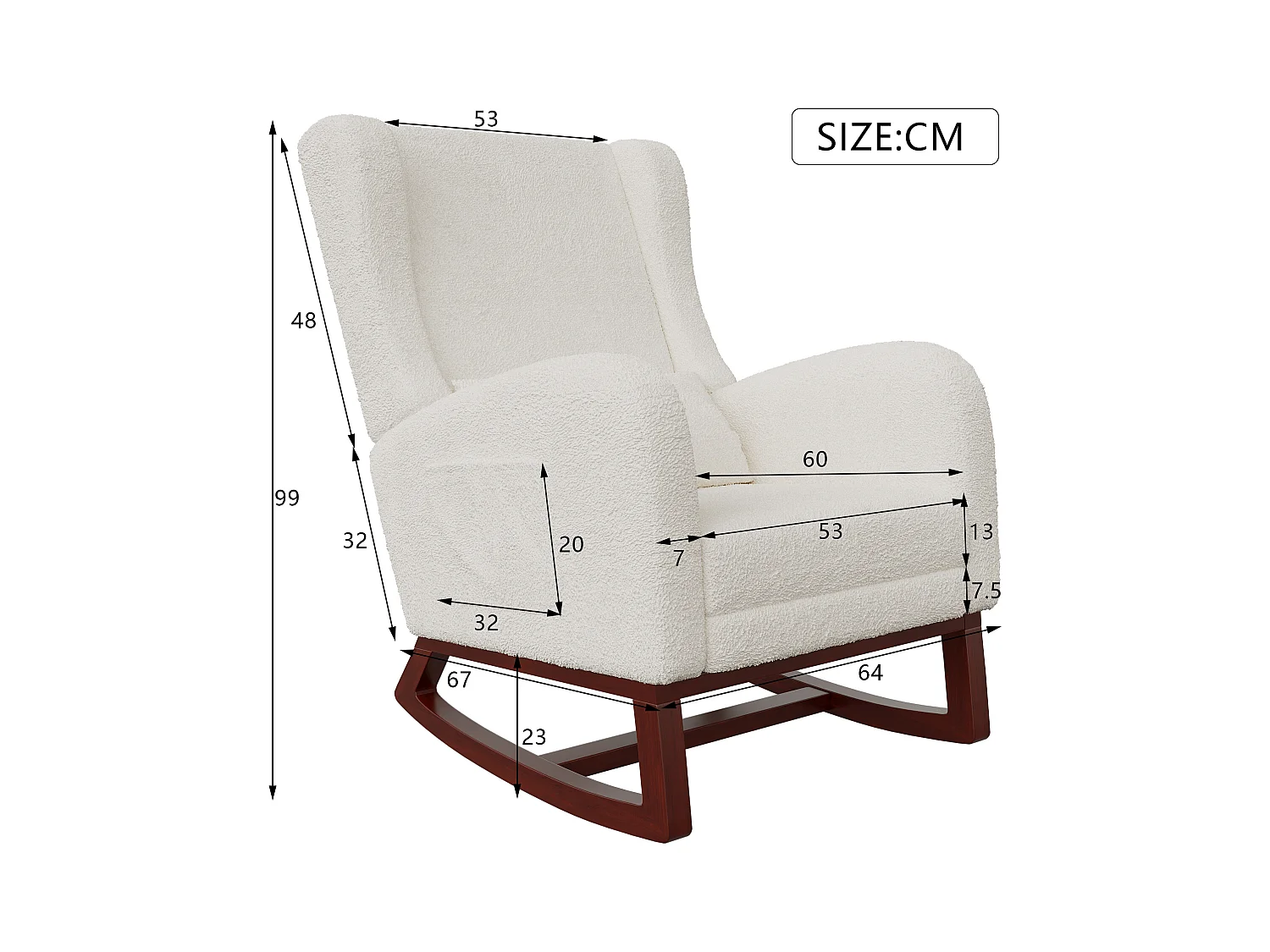 Cojín lumbar con bolsillo lateral y reposapiés, mecedora, patas de madera maciza, color beige