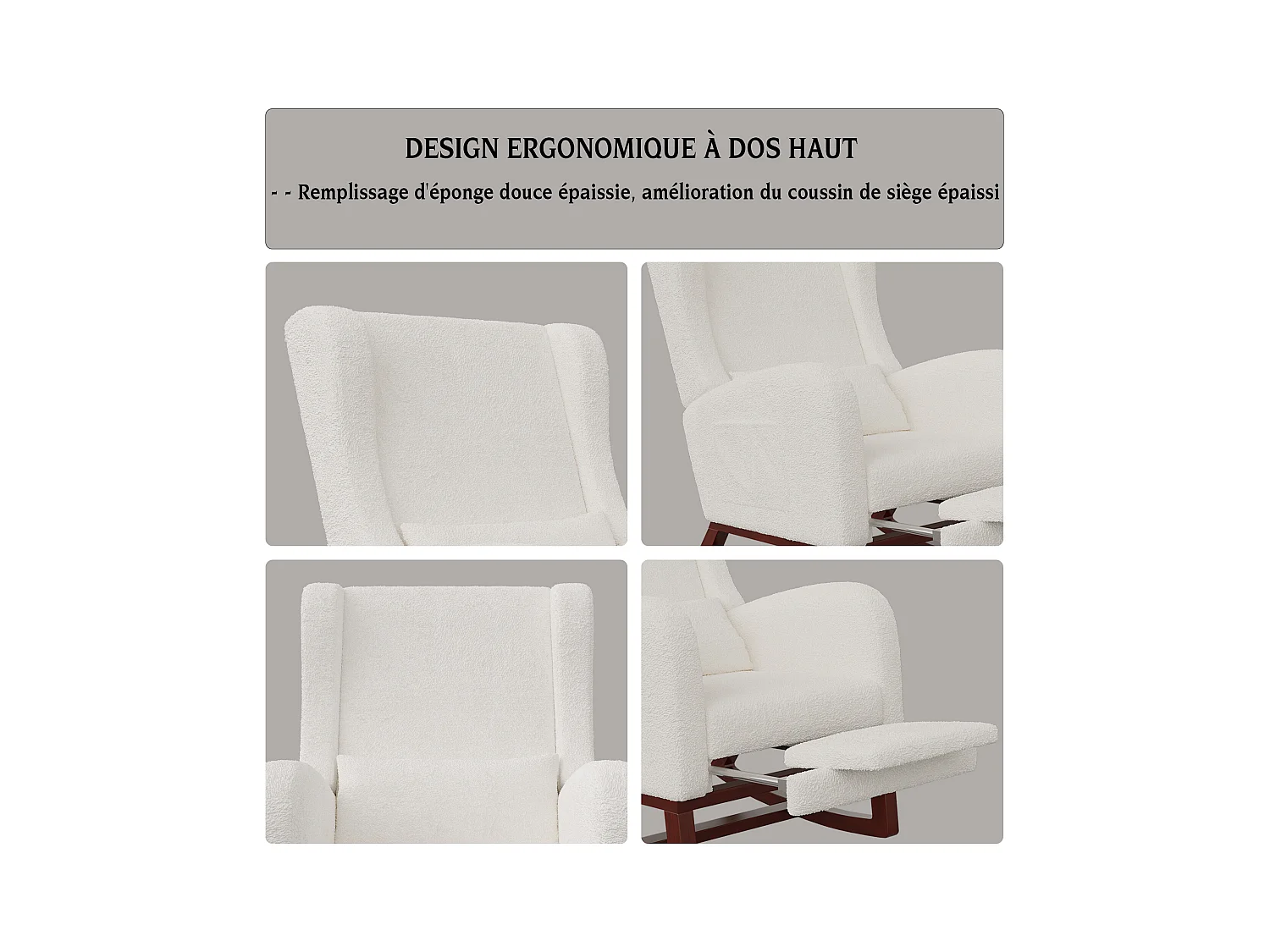 Cojín lumbar con bolsillo lateral y reposapiés, mecedora, patas de madera maciza, color beige