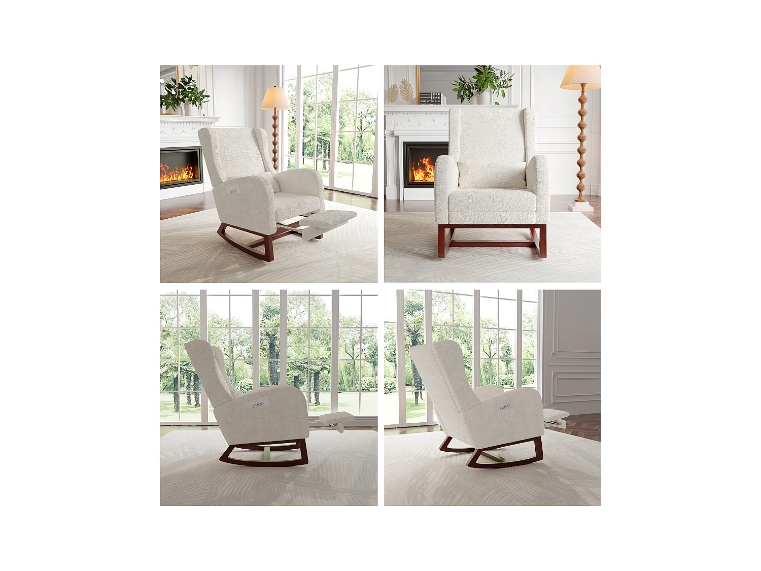 Cojín lumbar con bolsillo lateral y reposapiés, mecedora, patas de madera maciza, color beige