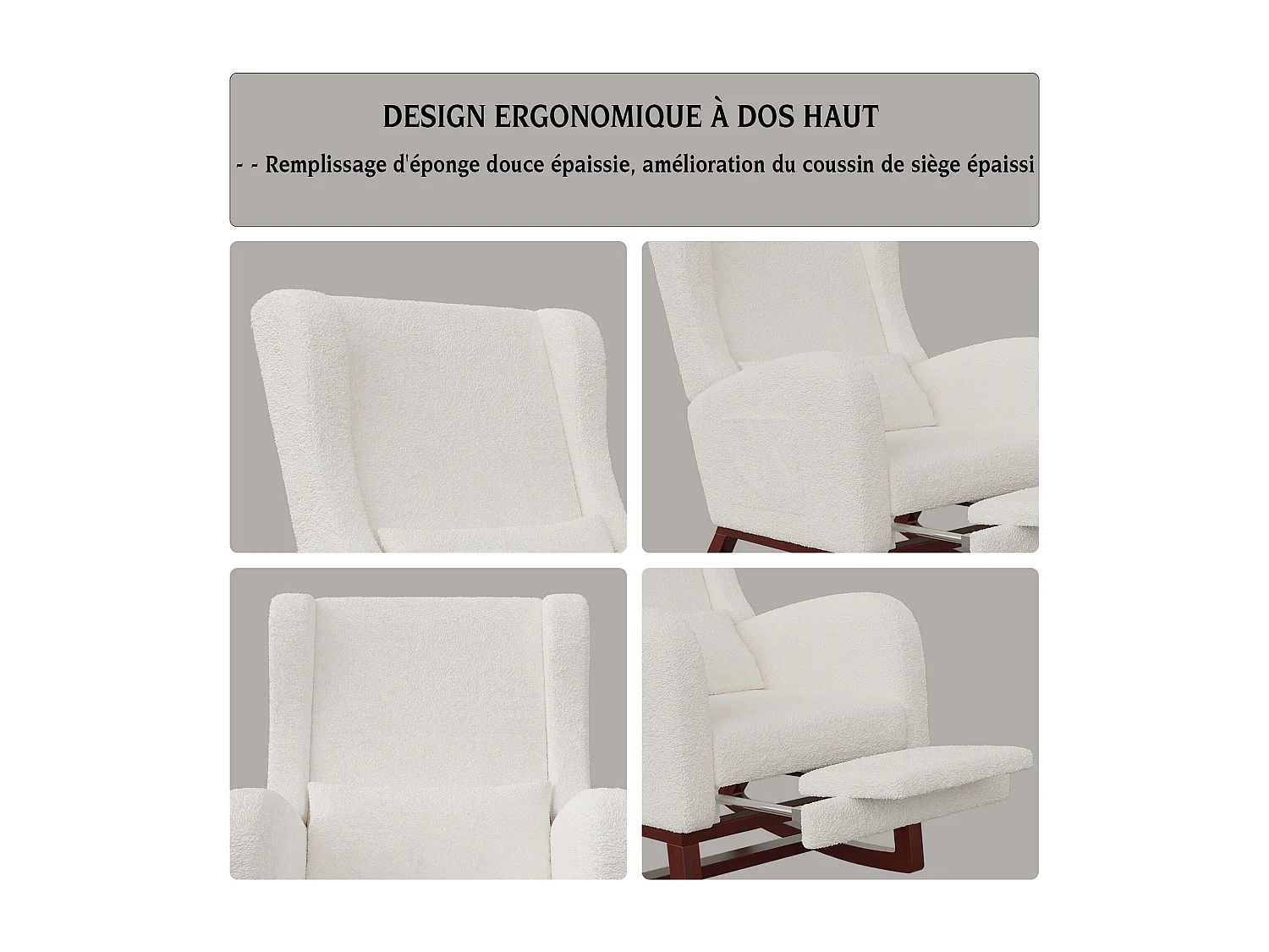 Cojín lumbar con bolsillo lateral y reposapiés, mecedora, patas de madera maciza, color beige