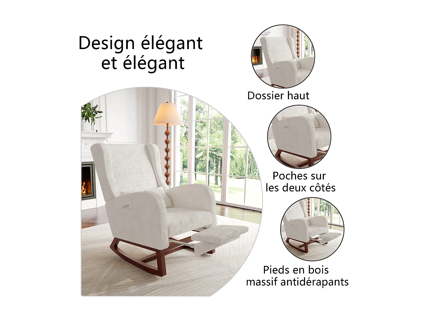 Cojín lumbar con bolsillo lateral y reposapiés, mecedora, patas de madera maciza, color beige