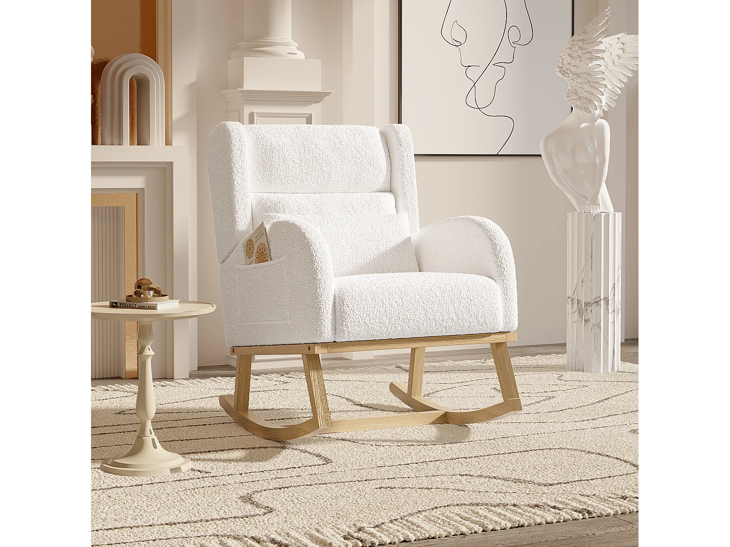 Chaise à bascule, avec velours en peluche et coussin lombaire et 2 poches latérales, blanc