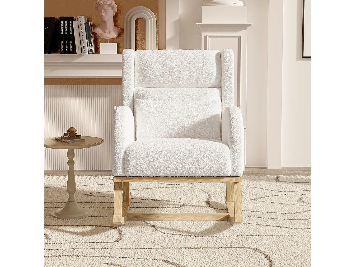 Chaise à bascule, avec velours en peluche et coussin lombaire et 2 poches latérales, blanc