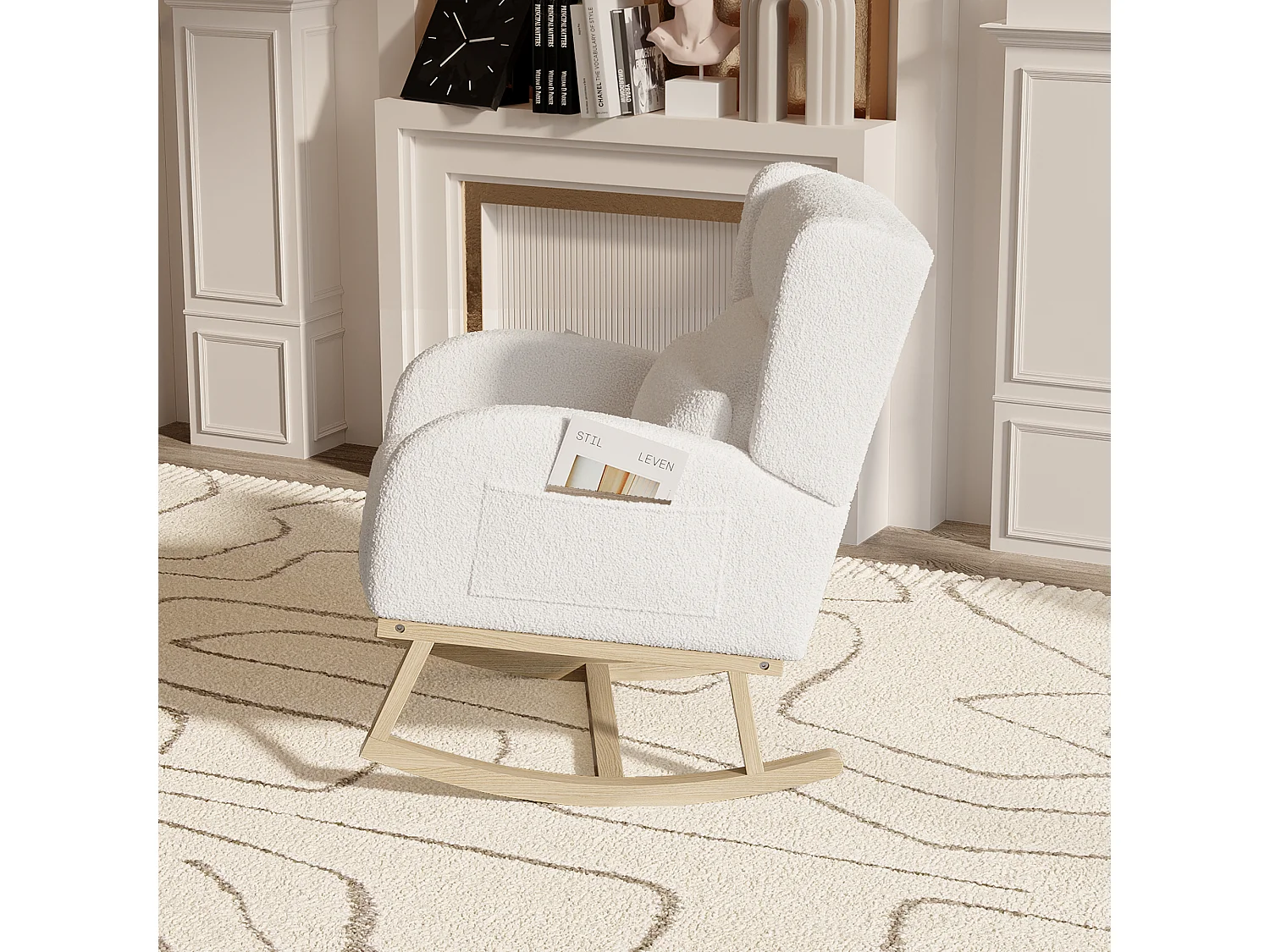Chaise à bascule, avec velours en peluche et coussin lombaire et 2 poches latérales, blanc