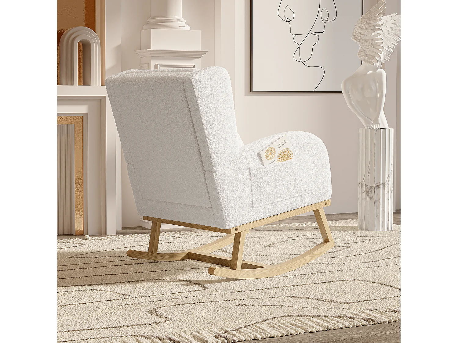 Chaise à bascule, avec velours en peluche et coussin lombaire et 2 poches latérales, blanc