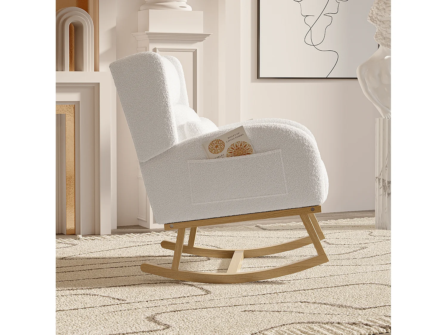 Chaise à bascule, avec velours en peluche et coussin lombaire et 2 poches latérales, blanc