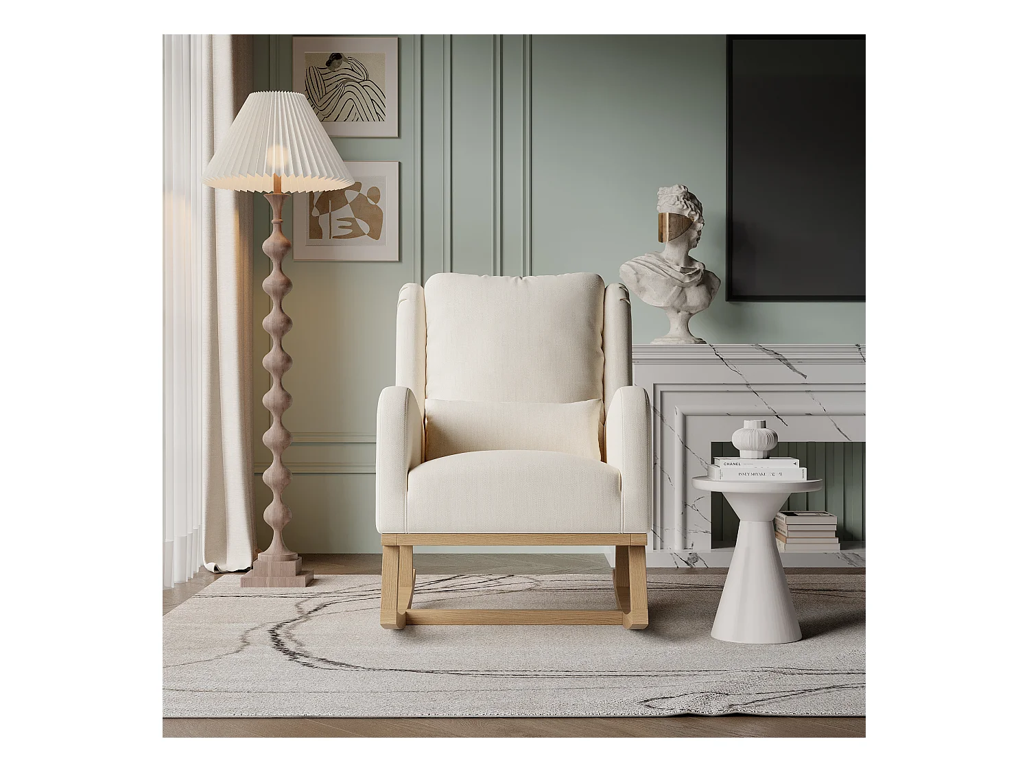 Fauteuil à bascule avec base en bois et dossier, Fauteuil de relaxation pour salon , Lin , Beige