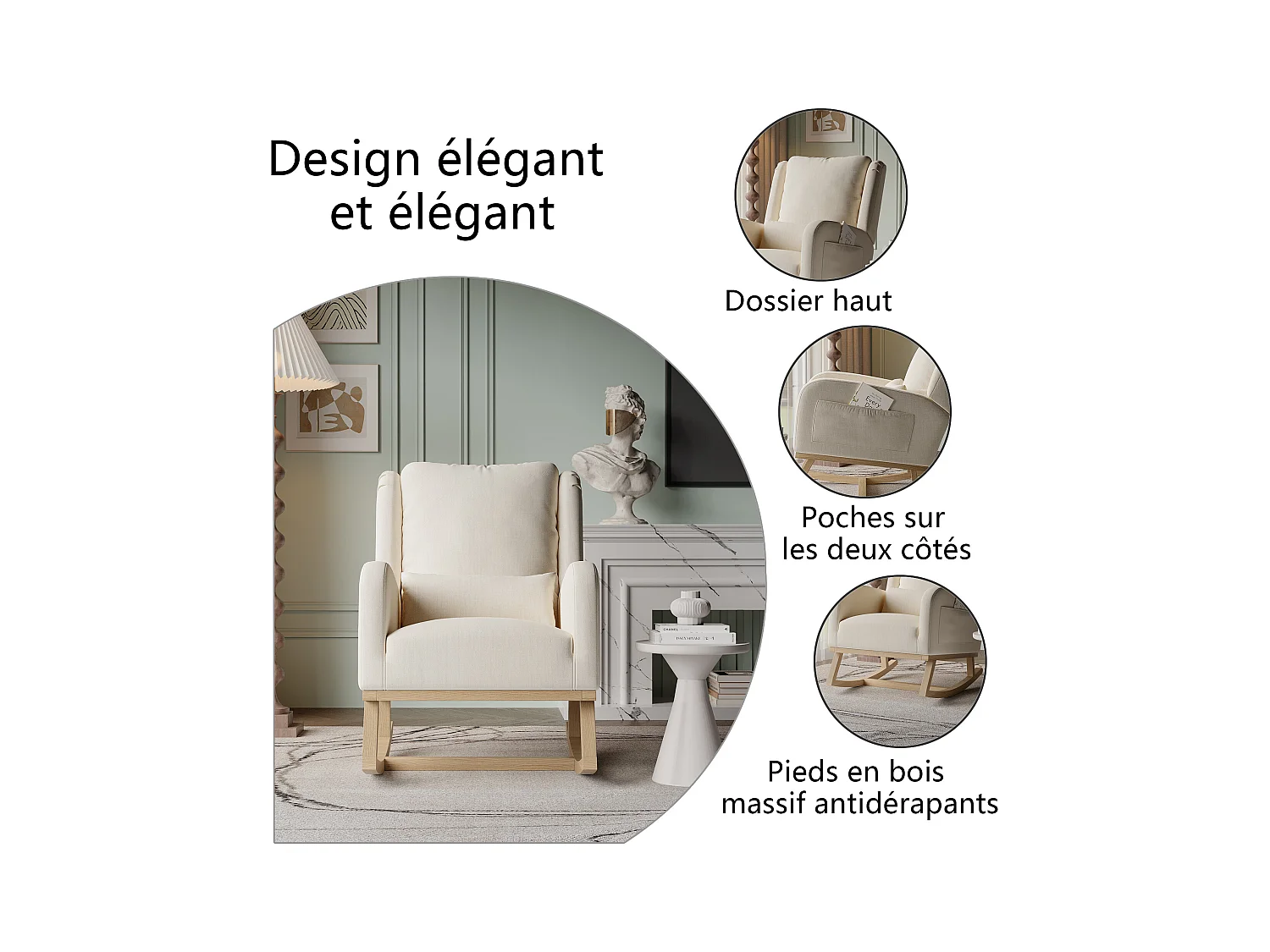 Fauteuil à bascule avec base en bois et dossier, Fauteuil de relaxation pour salon , Lin , Beige