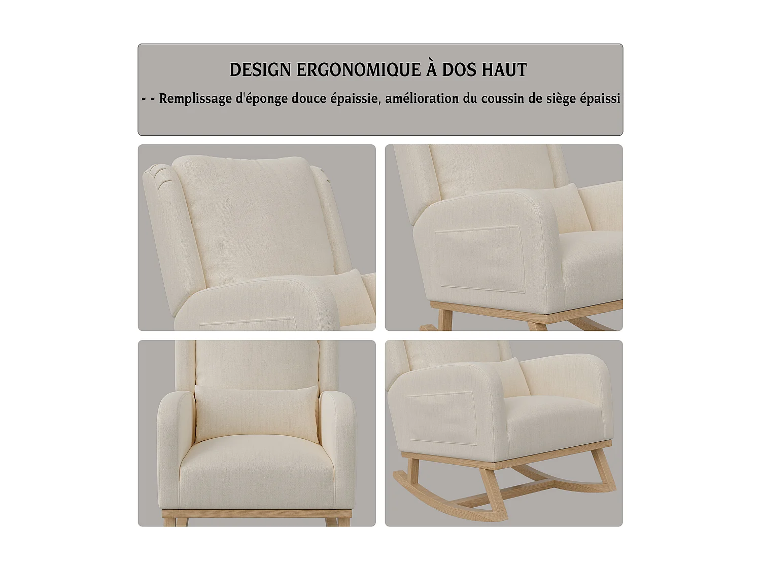 Fauteuil à bascule avec base en bois et dossier, Fauteuil de relaxation pour salon , Lin , Beige
