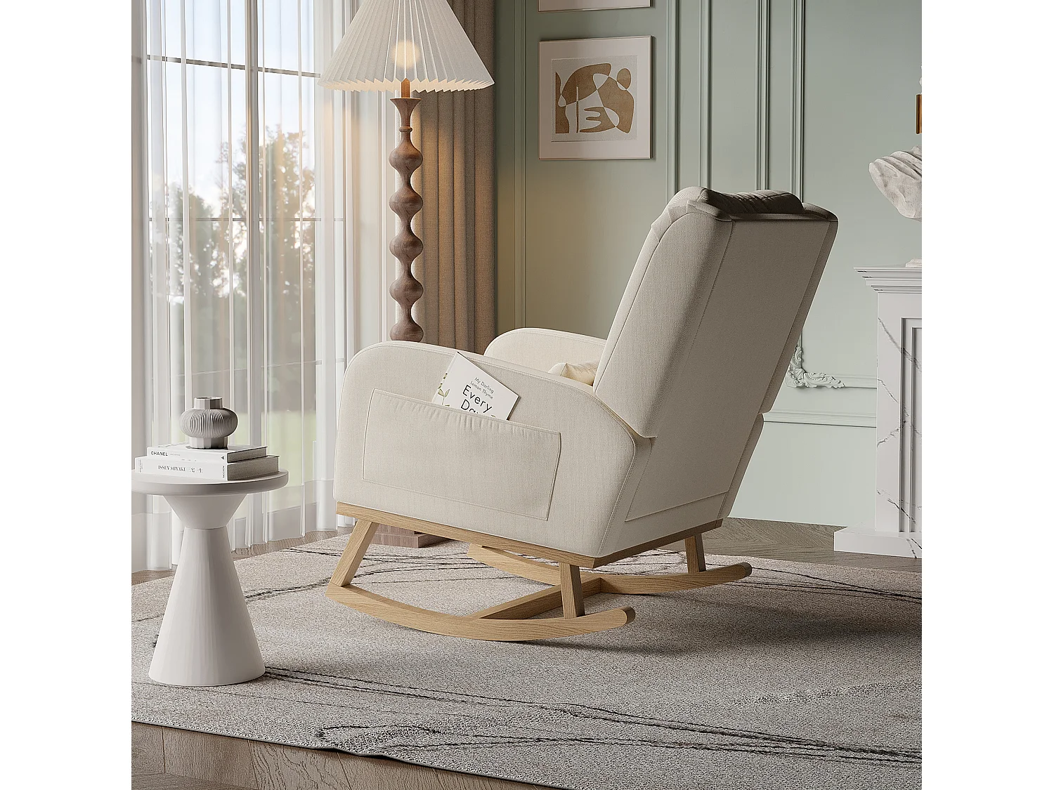 Fauteuil à bascule avec base en bois et dossier, Fauteuil de relaxation pour salon , Lin , Beige