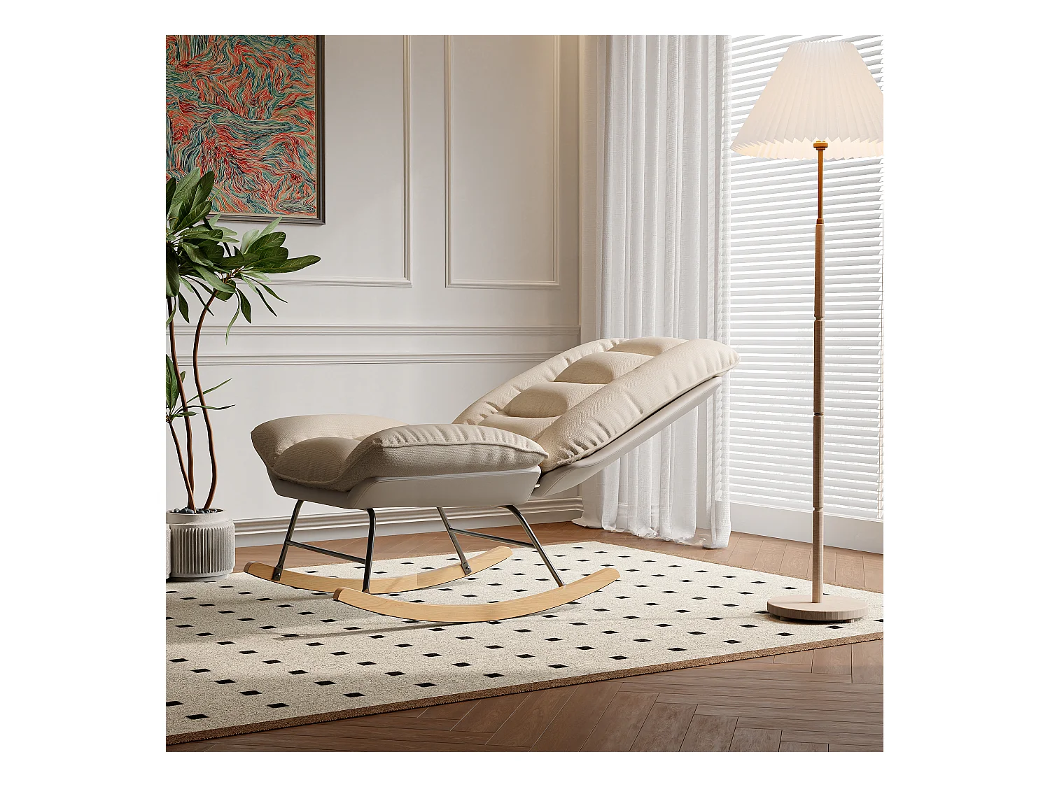Rocking Ergonomique avec Coussin Beige et Structure Grise, Design Moderne en Tissu / Simili Cuir